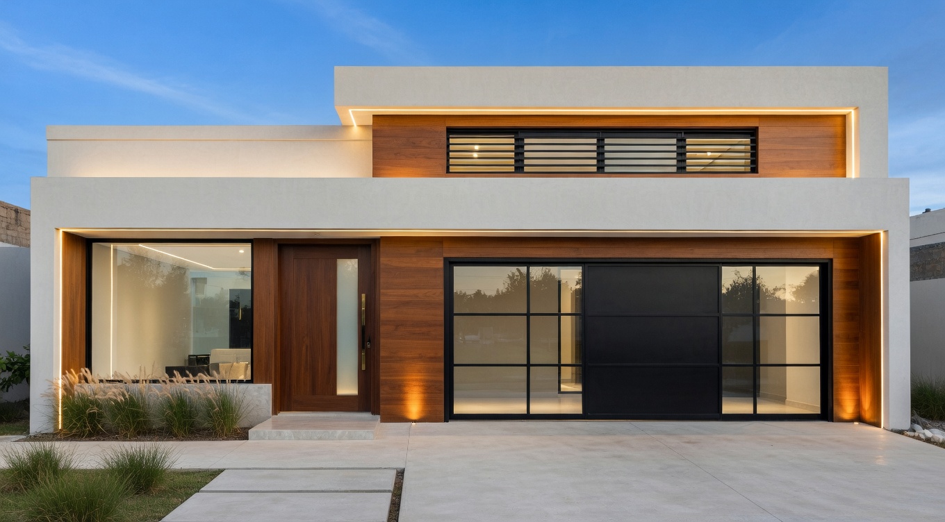 Imagen ilustrativa de posible renovación estética — fachada moderna con madera y vidrio