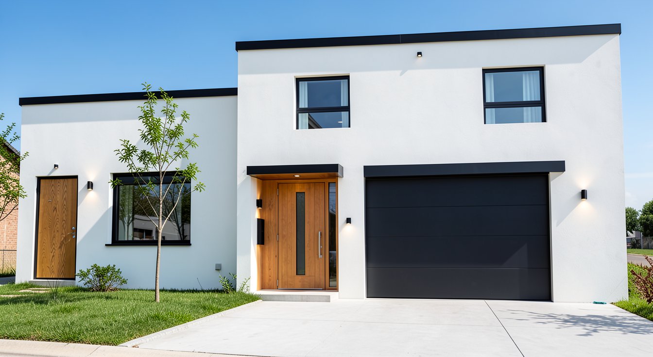 Imagen ilustrativa — fachada blanca minimalista con garage moderno